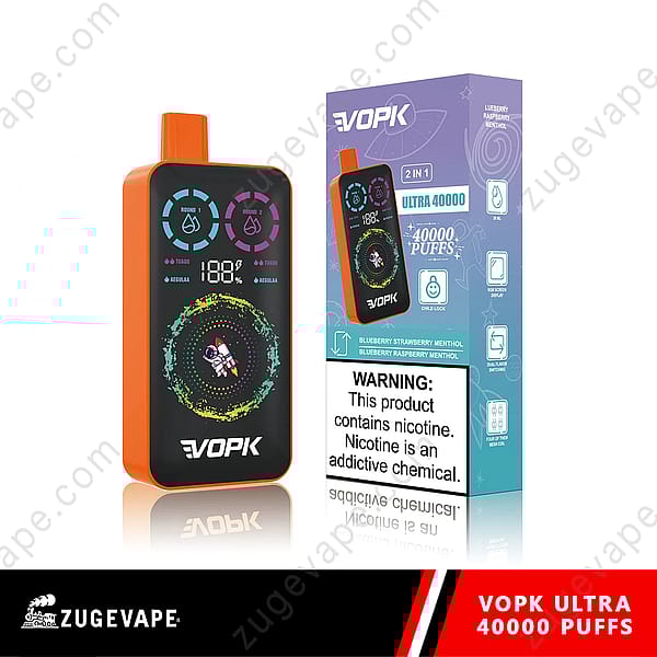 Un dispositivo per svapare con esterno arancione e display digitale che mostra la percentuale della batteria e il numero di boccate, insieme a una scatola colorata con il marchio e le descrizioni degli aromi.