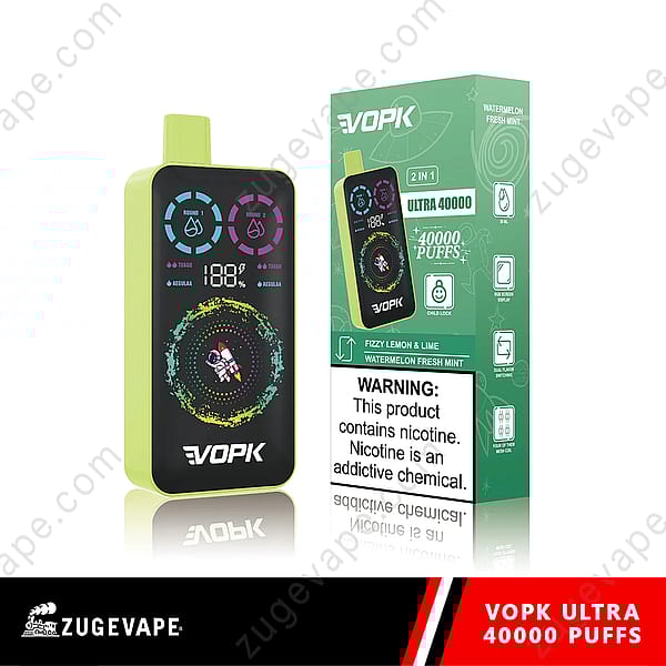 Un dispositivo per svapare verde e nero con display digitale, che mostra la durata della batteria e le impostazioni del sapore, accanto alla confezione con l'etichetta "Vopk Ultra 40000 Puffs" e le descrizioni dei sapori e un'avvertenza sulla nicotina.