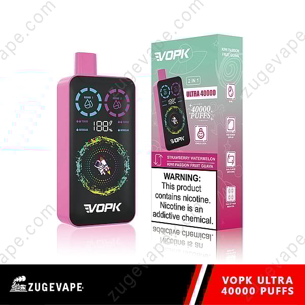 Un dispositivo per svapare colorato con un display digitale che mostra la durata della batteria, due opzioni di aromi (kiwi, frutto della passione, guava e fragola, anguria) e un'etichetta di avvertenza sulla dipendenza da nicotina, accanto alla confezione.