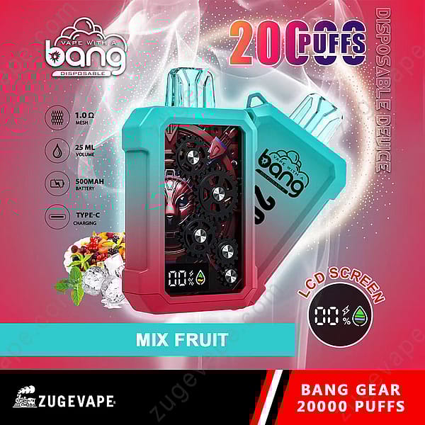 Dispositivo de vapeo desechable colorido con pantalla LCD, etiquetado "Bang Gear 20000 Puffs", con sabor a frutas mixtas, volumen de 25 ml, batería de 500 Mah, carga tipo C y bobina de malla de 1,0 Ω.