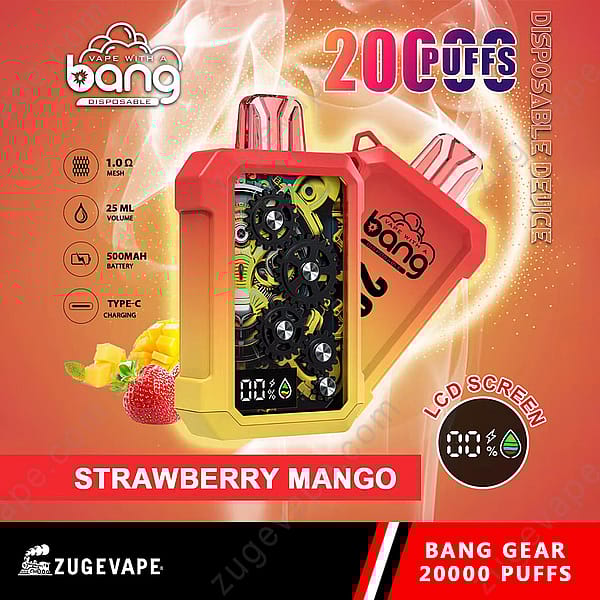 Dispositivo de vapeo desechable con sabor a fresa y mango con 20 000 bocanadas, volumen de 25 ml, batería de 500 mAh, carga tipo C, pantalla LCD que muestra los niveles de batería y líquido, y diseño de engranaje mecánico.