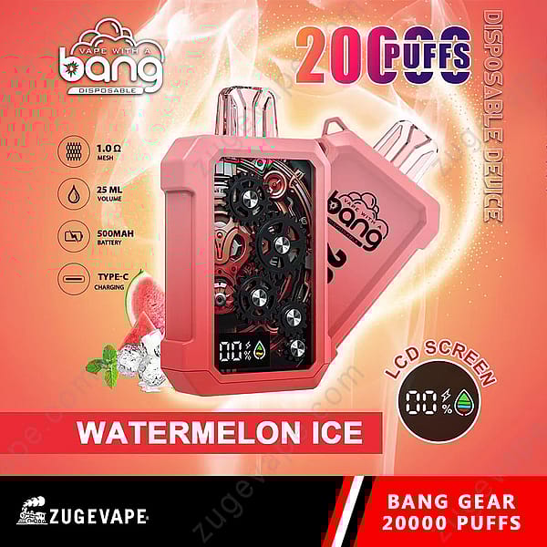 Dispositivo de vapeo desechable Bang Gear con sabor a sandía helada, con 20 000 bocanadas, un volumen de líquido de 25 ml, batería de 500 mAh, carga tipo C, pantalla LCD que muestra los niveles de batería y líquido y un diseño futurista rosa con engranajes visibles.