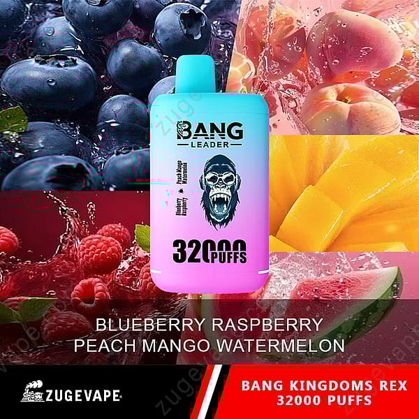 Un dispositivo de vapeo con el logotipo de Gorilla y el texto &quot;Bang Leader 32000 Puffs&quot; rodeado de imágenes de arándanos, frambuesas, melocotón, mango y sandía con la descripción del sabor &quot;Arándano, frambuesa, melocotón, mango y sandía&quot;.