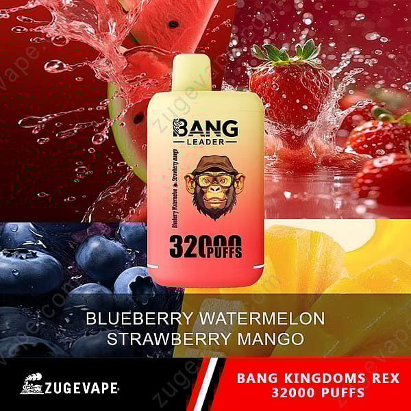 Diseño de empaque para un producto de vapeo que presenta un recipiente amarillo etiquetado como "Bang Leader" con una ilustración de un mono con anteojos. La etiqueta indica los sabores "arándano, sandía y fresa con mango" y "32 000 caladas". El fondo incluye toques de fresas, sandía y arándanos, lo que realza el tema afrutado.
