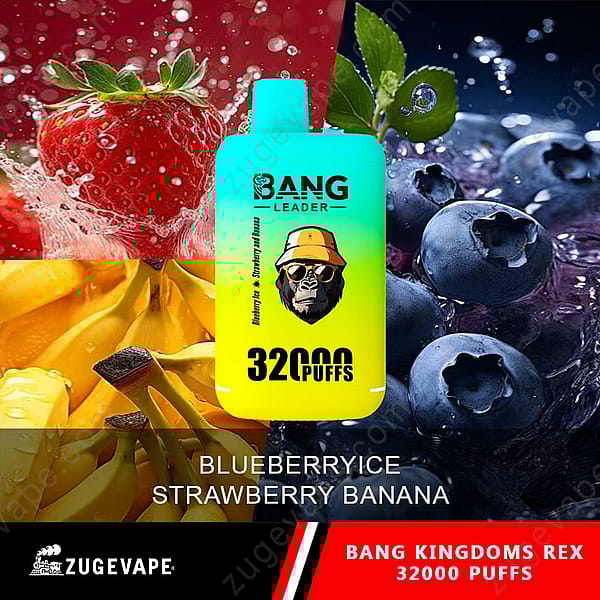Una colorida botella de vape etiquetada como &quot;Bang Leader&quot; en azul y verde, con un diseño de un gorila con gafas de sol, rodeado de imágenes de fresas, plátanos y arándanos, con texto que dice &quot;Blueberry Ice - Strawberry Banana&quot; y &quot;32,000 Puffs&quot;.