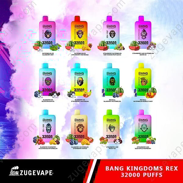 Una exhibición colorida de varios sabores de vape de la línea Bang Kingdoms Rex, con diseños de empaque vibrantes para sabores como sandía helada, fresa kiwi y arándano frambuesa, dispuestos en dos filas sobre un fondo pastel.