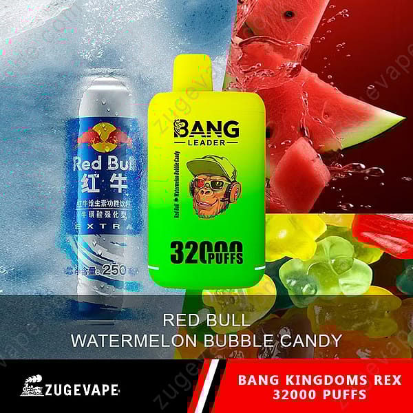 Una lata de bebida energética Red Bull junto a un producto de vapeo verde brillante etiquetado como &quot;Bang Leader&quot;, que presenta un mono de dibujos animados, con texto que indica &quot;Red Bull Watermelon Bubble Candy&quot; y &quot;32000 Puffs&quot;, junto con imágenes de rodajas de sandía y caramelos de colores.