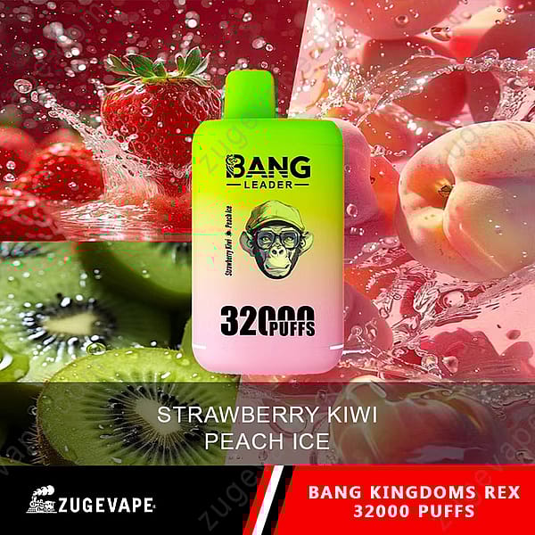 Un dispositivo de vapeo con un diseño vibrante que presenta un mono de dibujos animados, etiquetado como &quot;Bang Leader&quot; y &quot;32000 Puffs&quot;, con sabores &quot;Strawberry Kiwi&quot; y &quot;Peach Ice&quot;, sobre un fondo borroso de fresas y mitades de kiwi.