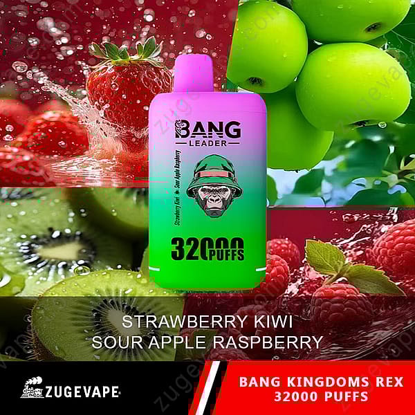 Un colorido empaque de vape que muestra la marca "Bang Leader" con un gráfico de gorila, con sabores de "fresa y kiwi" y "manzana ácida y frambuesa", rodeados de imágenes de fresas, kiwis, manzanas verdes y frambuesas con salpicaduras de agua.