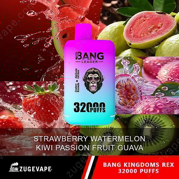 Un producto de vapeo colorido etiquetado como &quot;Bang Leader&quot; con sabores de fresa, sandía, kiwi, maracuyá y guayaba, presenta un gráfico de un gorila y una capacidad de 32.000 bocanadas, sobre un fondo de frutas salpicadas.