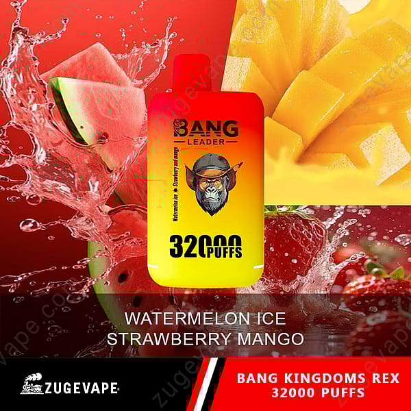 Un dispositivo de vapeo de colores brillantes con una etiqueta que dice "Bang Leader" y que presenta el sabor "Watermelon Ice Strawberry Mango" junto con imágenes de sandía, fresas y mangos, con salpicaduras de jugo en el fondo. El texto también destaca "32,000 Puffs".