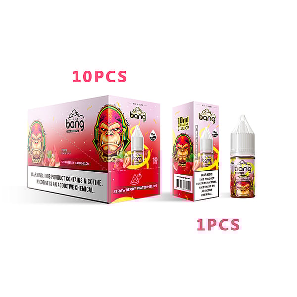 Förpackning för &Quot;Bang&Quot; Nikotinsalt e-juice i jordgubbsvattenmelonsmak, visar en 10-pack box och en enda 10 ml flaska med livfull design och en varningsetikett om att nikotin är beroendeframkallande.