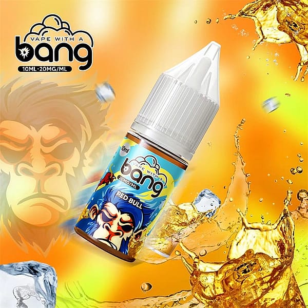 En 10 ml Vape-juiceflaska märkt &Quot;Vape With A Bang&Quot; I Red Bull-smak, med en blå tecknad gorilla på förpackningen, omgiven av stänk av vätska och isbitar på en orange bakgrund.