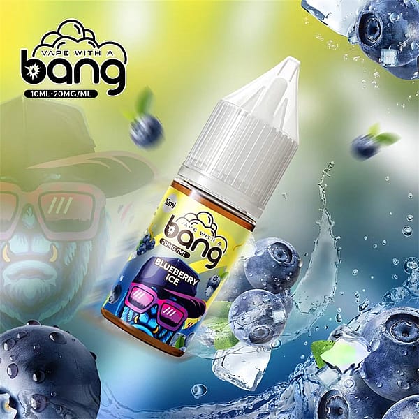 Flaska med &Quot;Bang&Quot; Vape-juice med smak av blåbärsis med livfulla bilder av blåbär och isbitar i bakgrunden.