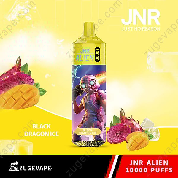 Un dispositivo de vapeo de color amarillo brillante etiquetado como &quot;Jnr Alien 10000 Puffs&quot; con un gráfico alienígena de ciencia ficción, rodeado de imágenes de rodajas de mango, fruta del dragón y cubitos de hielo, que promueven el sabor &quot;Black Dragon Ice&quot;.