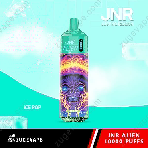 Un dispositivo de vapeo Jnr Alien con un diseño colorido con temática alienígena y texto &quot;10000 bocanadas&quot; en pantalla, con el sabor &quot;Ice Pop&quot; sobre un fondo turquesa brillante.