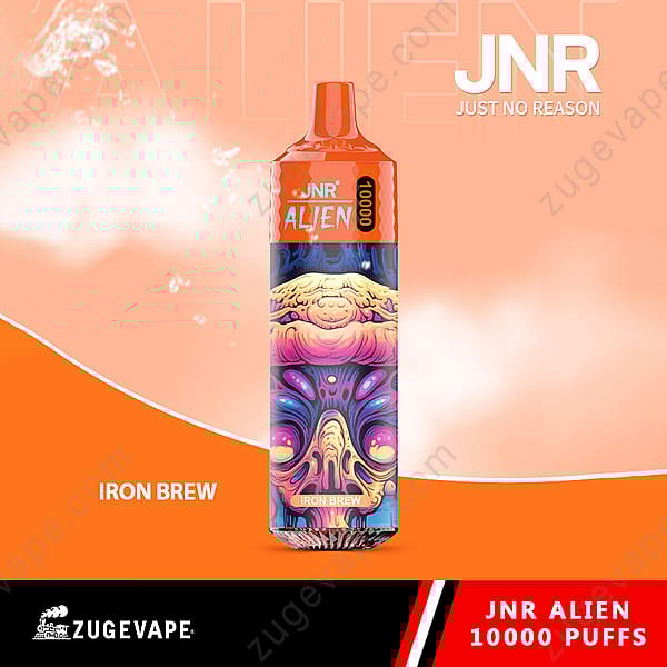Un dispositivo de vapeo desechable de colores brillantes etiquetado como &quot;Jnr Alien 10000 Puffs&quot; con un sabor &quot;Iron Brew&quot; y un diseño vibrante y psicodélico con temática alienígena en el cuerpo.