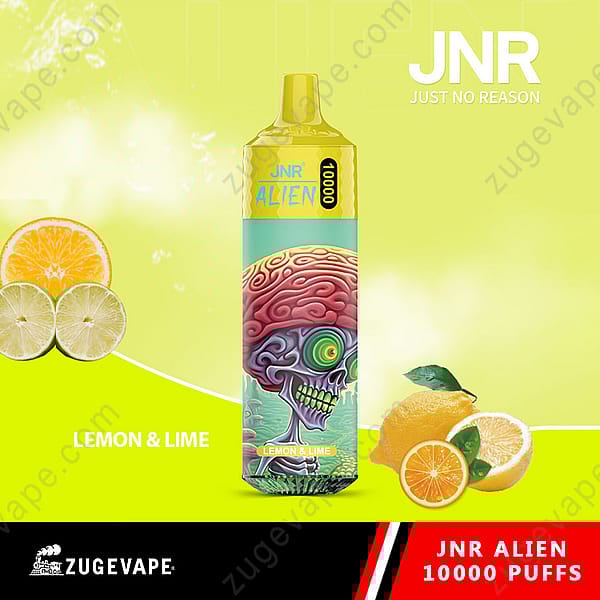 Vape desechable Jnr Alien en sabor a limón y lima con un diseño de color amarillo brillante, con una colorida ilustración de calavera alienígena y especificaciones de 10,000 bocanadas.