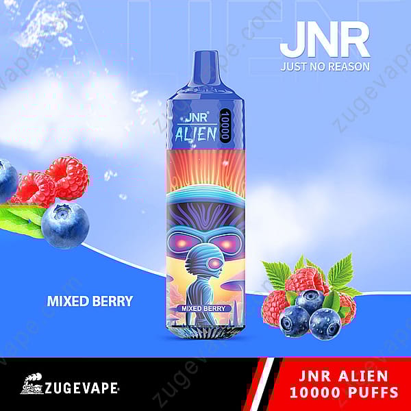 Un dispositivo de vapeo Jnr Alien con un diseño futurista con temática alienígena, etiquetado como sabor &quot;Mixed Berry&quot; y &quot;10000 Puffs&quot;, mostrado sobre un fondo azul con imágenes de arándanos y frambuesas.
