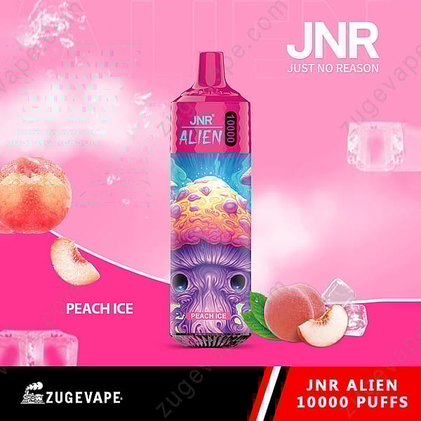 Dispositivo de vapeo desechable Jnr Alien con sabor a hielo de melocotón, con un diseño rosa con una ilustración creativa de extraterrestre, capacidad de 10 000 bocanadas y gráficos de hielo y melocotón.