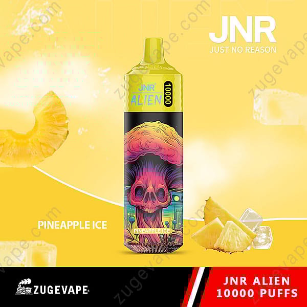 Un vaporizador desechable amarillo etiquetado como &quot;Jnr Alien 10000 Puffs&quot; con sabor a hielo de piña, con un diseño de calavera colorido y rodeado de rodajas de piña y cubitos de hielo sobre un fondo amarillo.