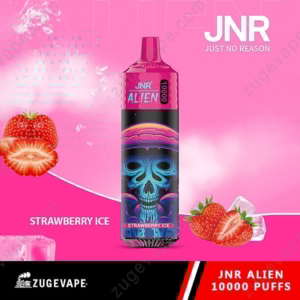 Un dispositivo de vapeo rosa etiquetado como &quot;Jnr Alien Strawberry Ice&quot; con un diseño de calavera, rodeado de fresas y cubitos de hielo sobre un fondo rosa.