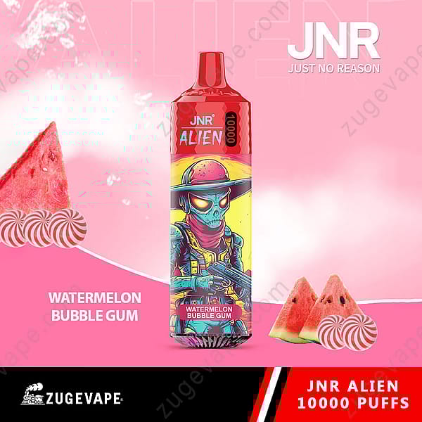 Un dispositivo de vapeo rojo etiquetado como &quot;Jnr Alien 10000 Puffs&quot; con un diseño colorido que presenta un vaquero extraterrestre de dibujos animados y el sabor &quot;Watermelon Bubble Gum&quot;, sobre un fondo rosa con rodajas de sandía e ilustraciones de dulces.