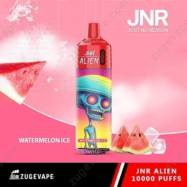 Un vibrante vaporizador desechable con un colorido diseño con temática alienígena etiquetado como &quot;Jnr Alien 10000 Puffs&quot;, que presenta un sabor a helado de sandía, con rodajas de sandía y cubitos de hielo de fondo.