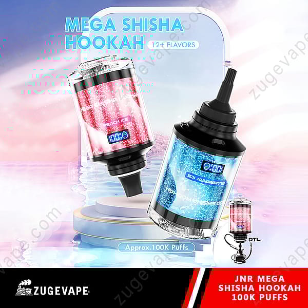 Disponible en rojo y azul, el dispositivo Jnr Mega Shisha Hookah 100000 Puffs cuenta con una pantalla digital, capacidad de 100 000 bocanadas y más de 12 opciones de sabores mostradas en una superficie reflectante con el logotipo de la marca.