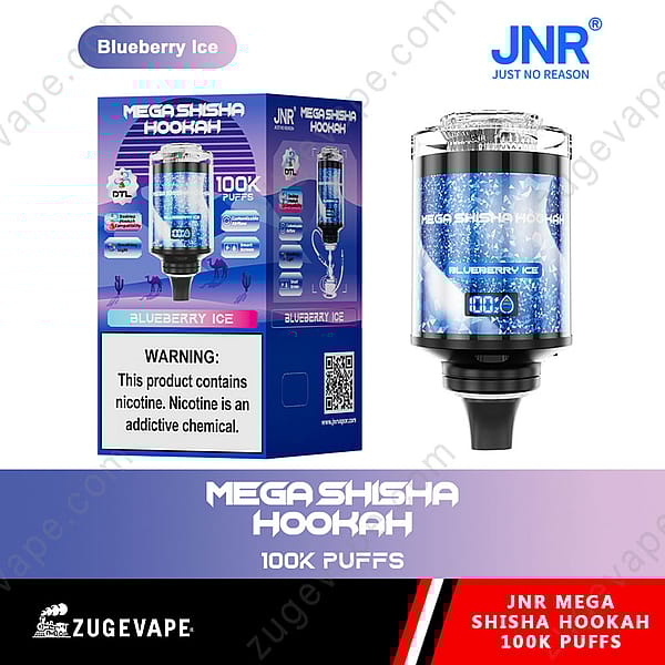 Embalaje y producto de Jnr Mega Shisha Hookah sabor arándano helado con 100.000 bocanadas, con etiqueta de advertencia de nicotina y detalles del producto.