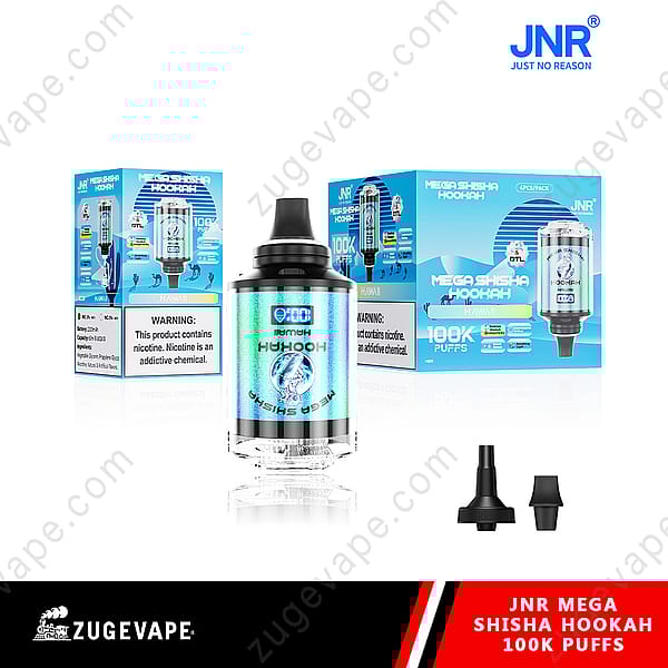 Dispositivo de cachimba Jnr Mega Shisha con 100 000 bocanadas, exhibido junto con un empaque con un diseño azul y detalles del producto.