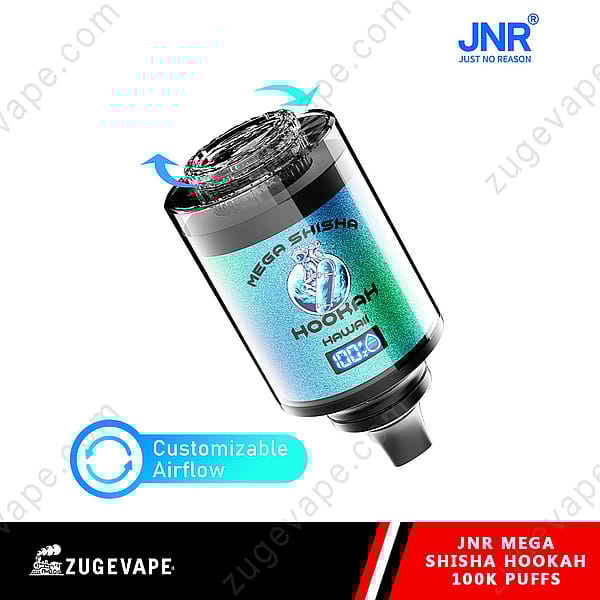 Un dispositivo de cachimba Jnr Mega Shisha con una función de flujo de aire personalizable, pantalla digital y un diseño elegante etiquetado como &quot;Hawaii&quot;.