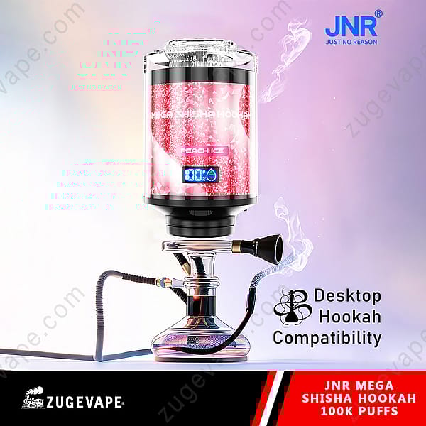 Una cachimba compatible con escritorio con un diseño elegante, que cuenta con una pantalla digital que muestra la batería 100% y un cartucho con sabor a "Peach Ice".