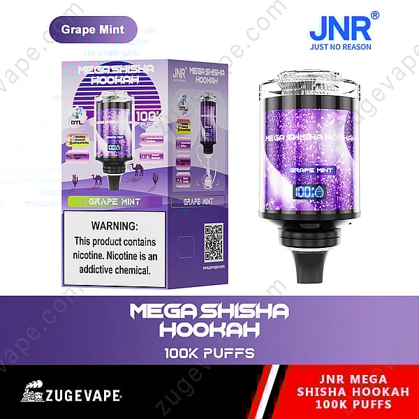 Empaque y producto de cachimba Jnr Mega Shisha con temática morada, sabor a "menta uva", con 100 000 bocanadas y etiqueta de advertencia de nicotina.
