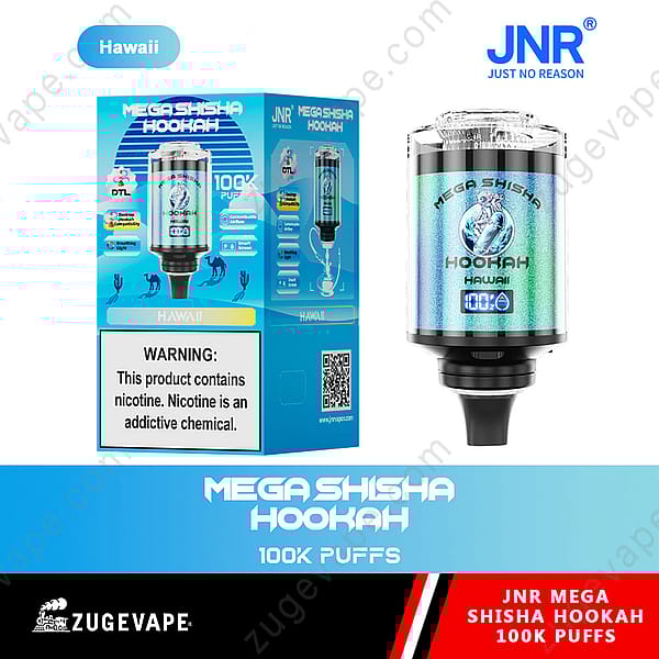 Embalaje y producto de cachimba Jnr Mega Shisha, sabor Hawaii, con etiqueta de advertencia de nicotina y "100.000 bocanadas".