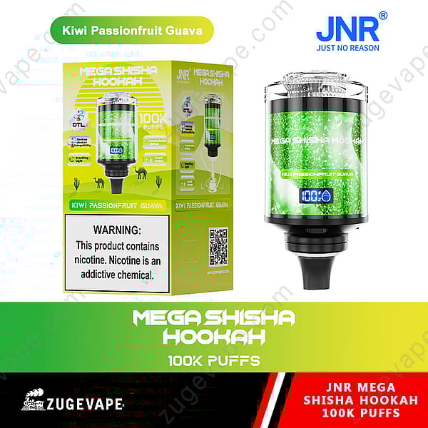 Imagen del producto y embalaje de la cachimba Jnr Mega Shisha, con sabor a kiwi, maracuyá y guayaba, con 100.000 bocanadas y una etiqueta de advertencia sobre el contenido de nicotina.