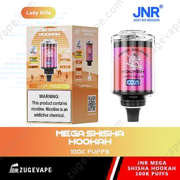 Dispositivo de cachimba Jnr Mega Shisha con sabor "Lady Killa", 100 000 bocanadas, con diseño degradado rosa, paquete que muestra los detalles del producto y una etiqueta de advertencia sobre la adicción a la nicotina.