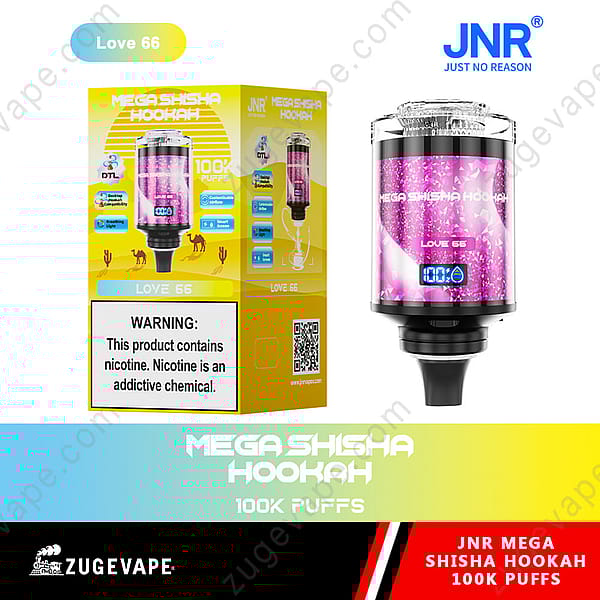 Dispositivo de cachimba Jnr Mega Shisha con 100 000 bocanadas en sabor "Love 66", presentado junto a un empaque amarillo con detalles del producto y advertencias.