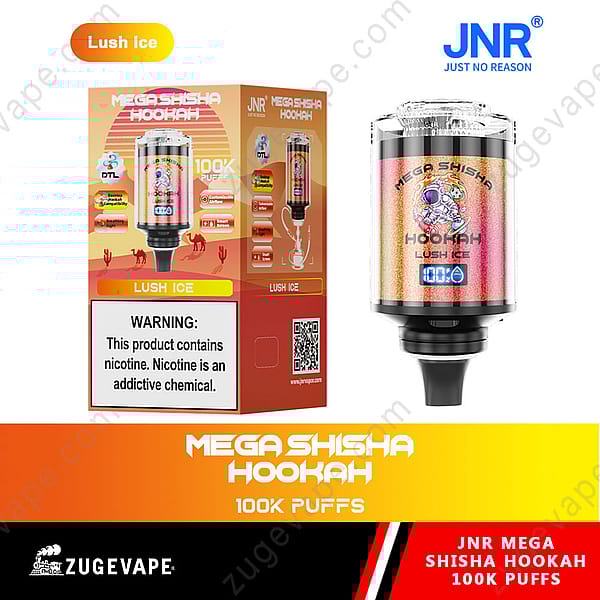 &quot;Empaque de Hookah Jr Mega Shisha Lush Ice con imagen del producto, 100 000 bocanadas y etiqueta de advertencia de nicotina.&quot;