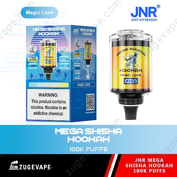 &quot;Cachimba Jr. Mega Shisha con 100.000 bocanadas, diseño colorido "Magic Love" y empaque del producto que incluye una advertencia sobre el contenido de nicotina.&quot;