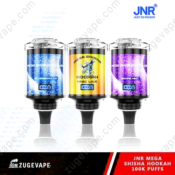 Tres coloridos dispositivos de cachimba Jnr Mega Shisha etiquetados con sabores: Blueberry Ice, Magic Love y Grape Mint, exhibidos sobre un fondo blanco.