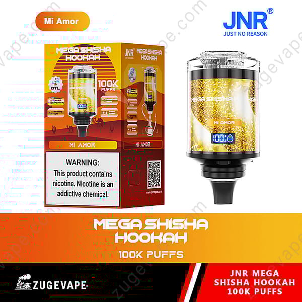 Dispositivo de cachimba Jnr Mega Shisha con sabor a "Mi Amor", 100 000 bocanadas, diseño dorado, paquete que muestra los detalles del producto y una etiqueta de advertencia sobre la adicción a la nicotina.