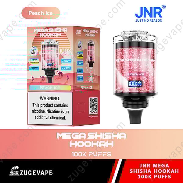Imagen de la cachimba Jnr Mega Shisha con sabor a "Peach Ice" con 100.000 bocanadas, que muestra un diseño transparente con líquido rosa, detalles del empaque del producto y una etiqueta de advertencia de nicotina.