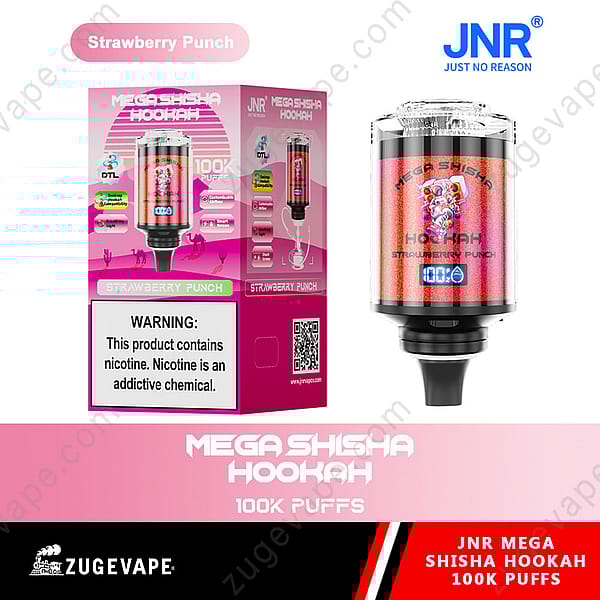 Embalaje de Mega Shisha Hookah con sabor a ponche de fresa, con una caja rosa con detalles del producto y advertencias, y el dispositivo Shisha que muestra la marca &quot;100K Puffs&quot;.