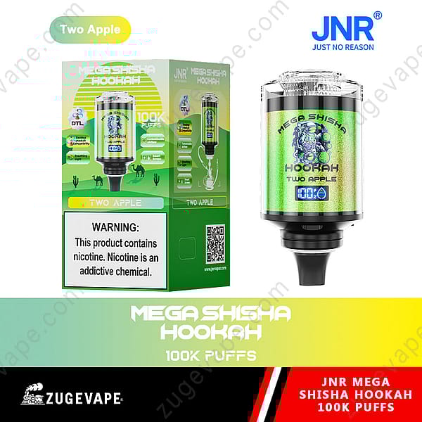 &quot;Cachimba Jr Mega Shisha con 100.000 bocanadas, dos sabores de manzana, diseño verde y etiqueta de advertencia que indica el contenido de nicotina.&quot;