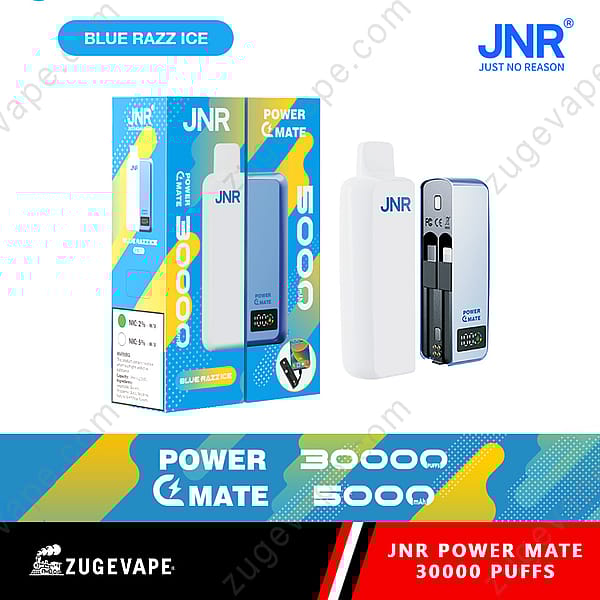 Jnr Power Mate Blue Razz Ice Wegwerp Vape-apparaat met 30.000 trekjes, 5000 mAh-batterij en nicotine-opties van 2% en 5%.