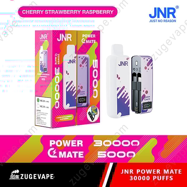 Jnr Power Mate Vape-apparaat met verpakking, met kersen-, aardbeien- en frambozensmaak, 30.000 trekjes en een batterijcapaciteit van 5000 mAh.