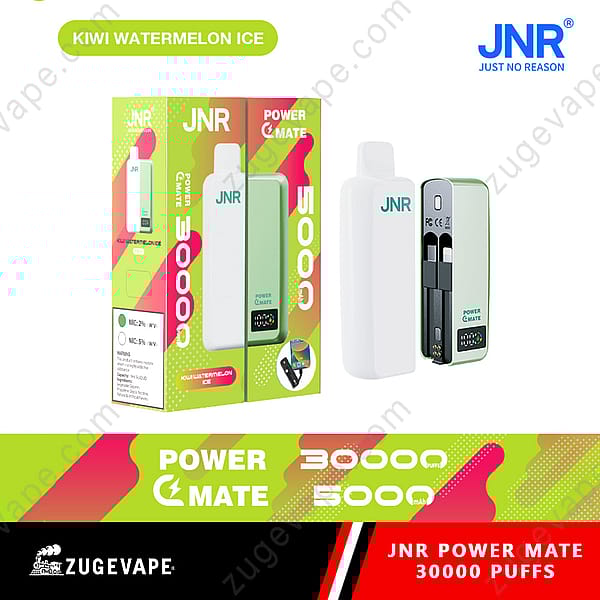Jnr Power Mate Kiwi Watermelon Ice Wegwerp Vape Verpakking En Apparaat, Met 30.000 Trekjes, 5000Mah Batterij en Smaakdetails.