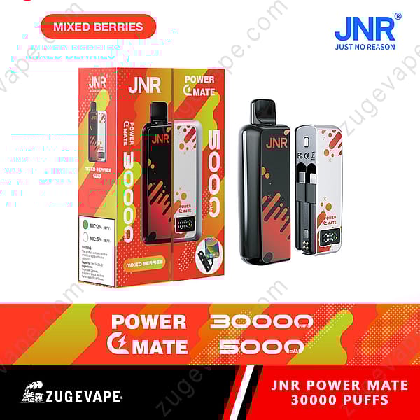 Jnr Power Mate 30000 Puffs Oplaadbare Vape met 5000Mah-batterij, Mixed Berries-smaak, met strak zwart-wit design, weergegeven met verpakking en apparaatcomponenten.