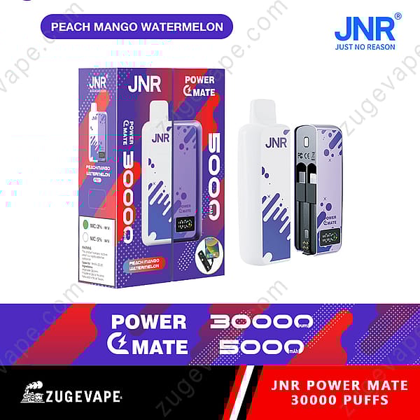 Jnr Power Mate Vape-apparaatverpakking, met de smaak 'Peach Mango Watermelon', 30.000 trekjes, 5.000 mAh-batterij en een apparaatafbeelding met een strak paars ontwerp.